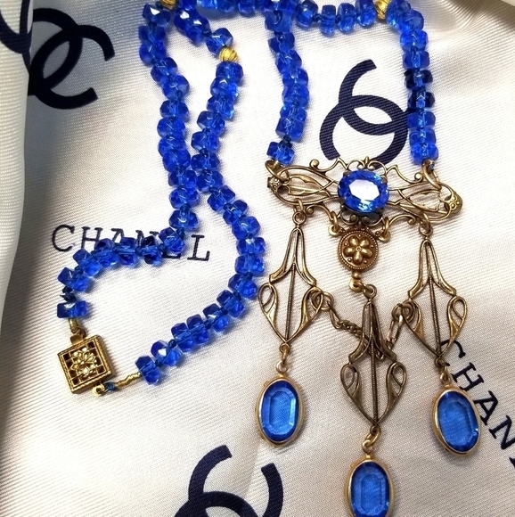 Rare Designer signed SADIE GREEN DECO Sapphire Crystal Necklace Brooch - Picture 2 of 7